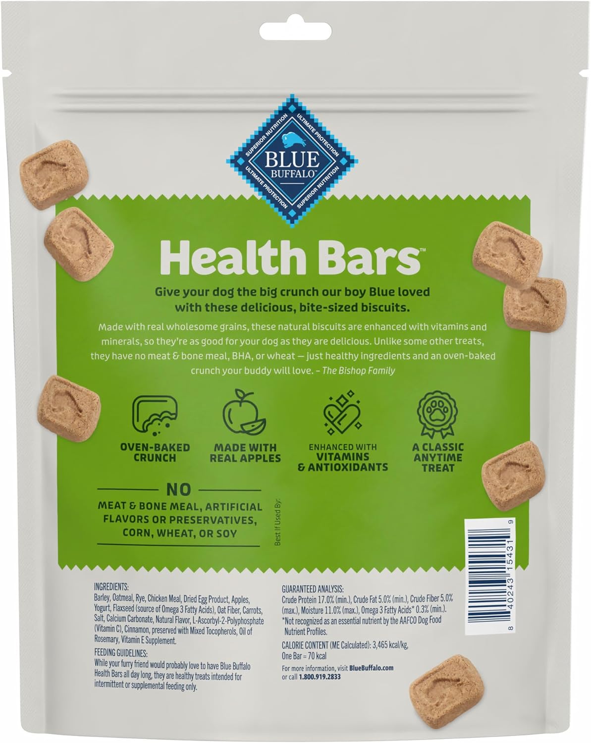 Blue Buffalo Health Bars Mini Crunchy Dog Biscuits, Oven-Baked with Natural Ingredients, Apples & Yogurt, 16-oz Bag