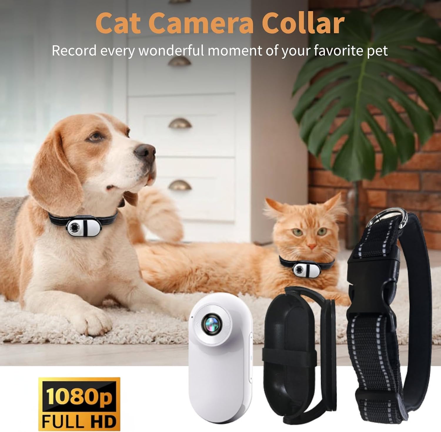 Cat Camera Collar, HD 1080P Dog Collar Camera, 120° Wide Angle Lens, Mini Body Camera Action Camera for Dogs Cats Present Indoor Outdoor, OTG Support (White)