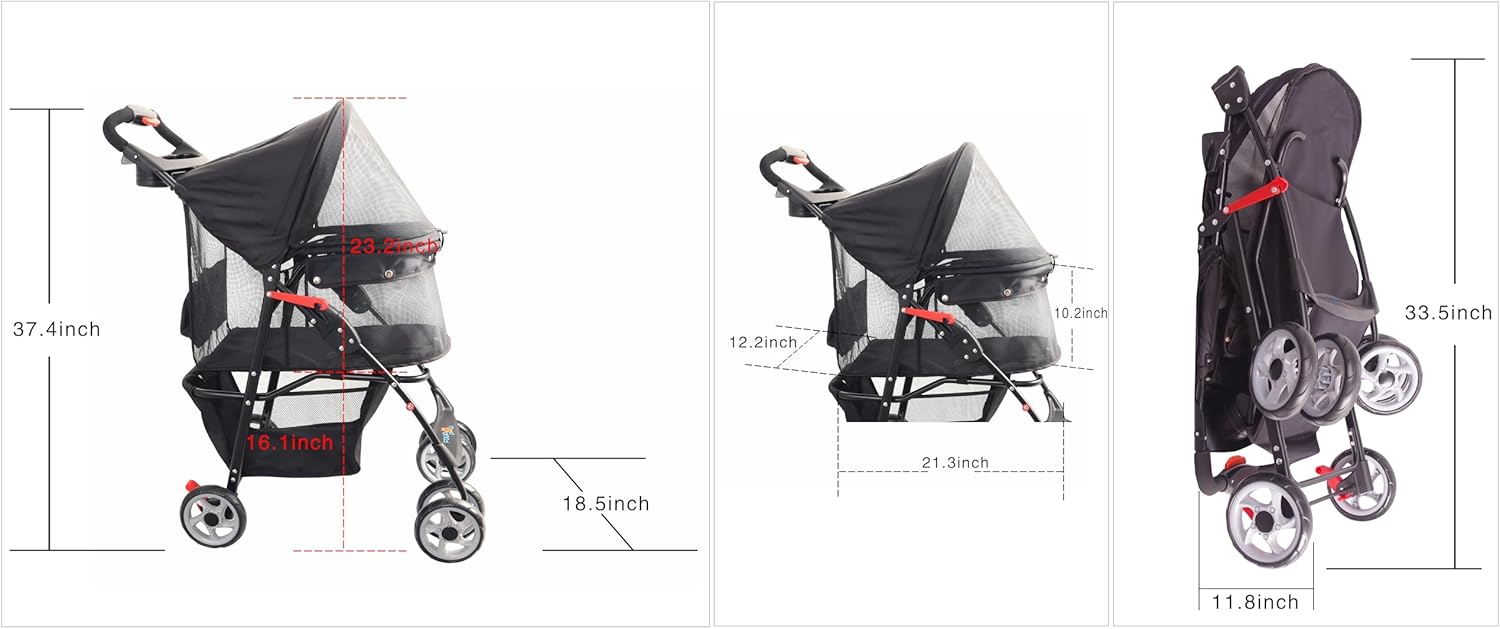 Full-Window Pet Stroller with Lock 4 Wheels for Cats & Dogs, with Storage Basket,Cup Holder, Travel Puppy/Cats Stroller.