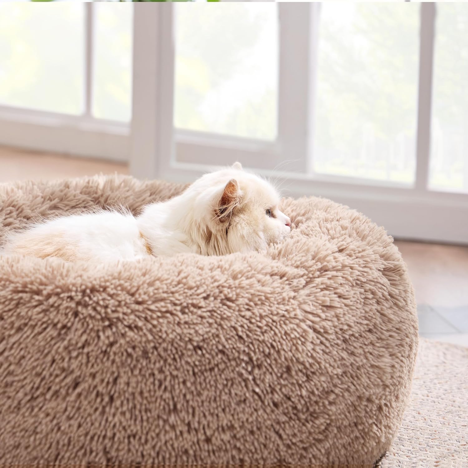 Bedsure Calming Cat Beds for Indoor Cats – Small Cat Bed Washable 20 inches, Anti-Slip Round Fluffy Plush Faux Fur Pet Bed, Fits up to 15 lbs Pets, Camel