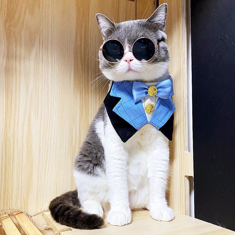 Dog Tuxedo Formal Cat Birthday Costume Cat Dog Formal Wedding Attire (Blue)