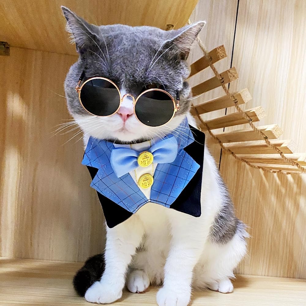 Dog Tuxedo Formal Cat Birthday Costume Cat Dog Formal Wedding Attire (Blue)
