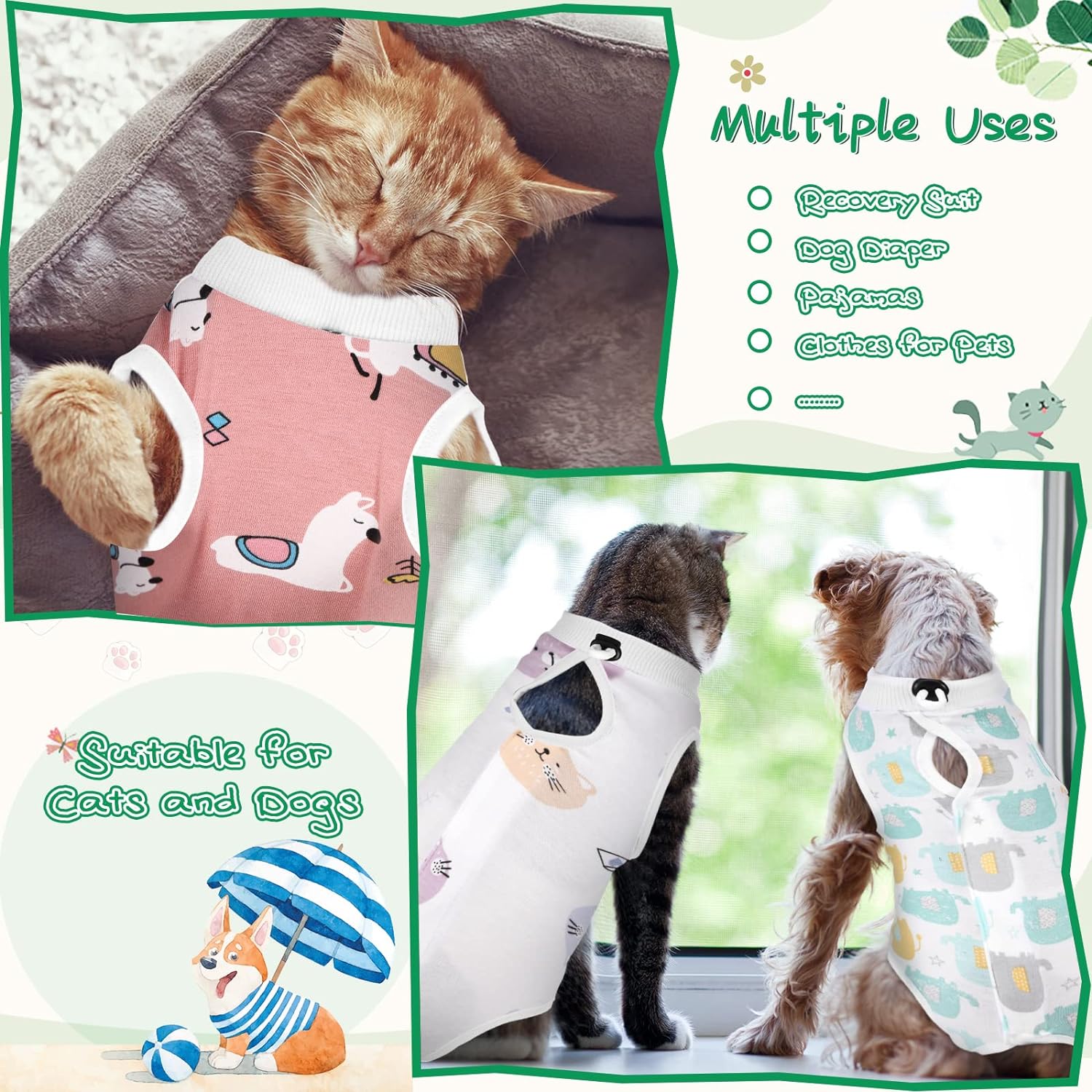 Nuanchu 3 Pieces Cat Recovery Suit Kitten Recovery Suit E-Collar Alternative for Cats and Dogs Abdominal Skin Anti Licking Pajama Clothes Sets(Cute Pattern,Large)