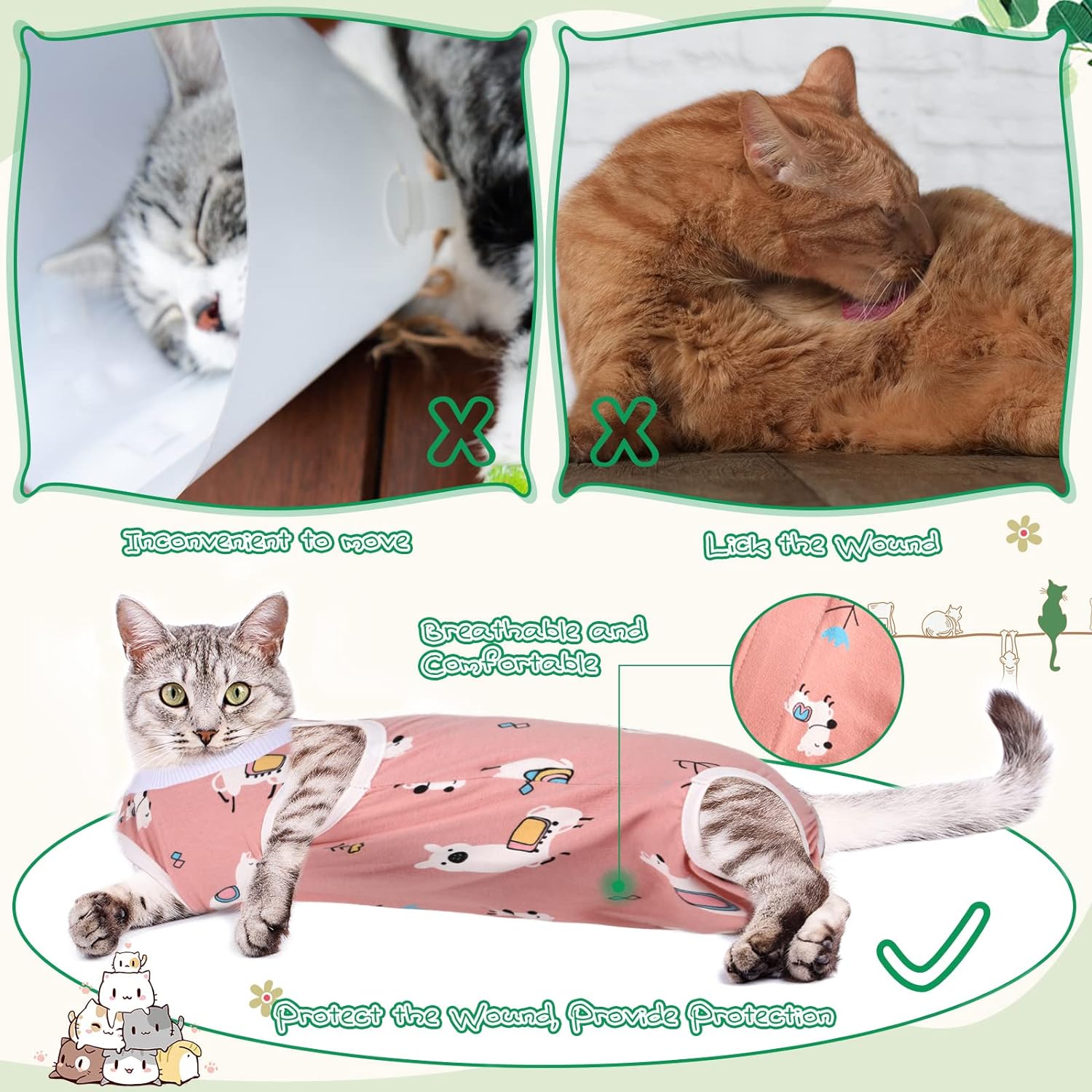 Nuanchu 3 Pieces Cat Recovery Suit Kitten Recovery Suit E-Collar Alternative for Cats and Dogs Abdominal Skin Anti Licking Pajama Clothes Sets(Cute Pattern,Large)