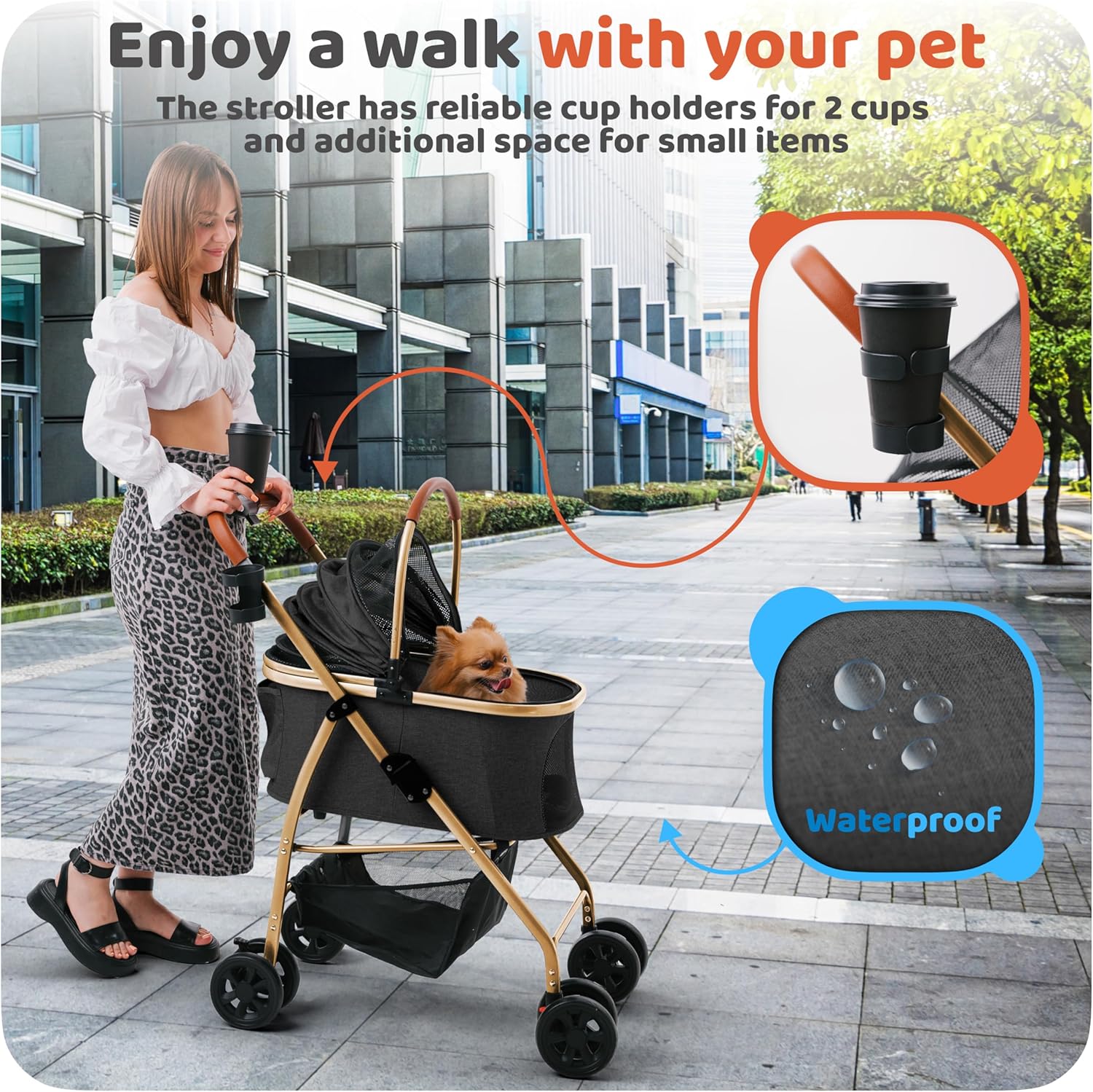 Pet Stroller for Small Medium Dogs Cats with Detachable Carrier – Zipperless Entry, Easy Fold with Removable Liner, Storage Basket + Cup Holder, Black