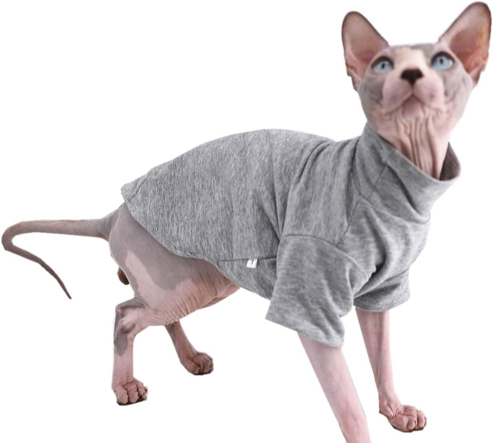 Sphynx Cat Clothes Winter Thick Cotton T-Shirts Double-Layer Pet Clothes, Pullover Kitten Shirts with Sleeves, Hairless Cat Pajamas Apparel for Cats & Small Dogs (S (3.3-5 lbs), Grey)