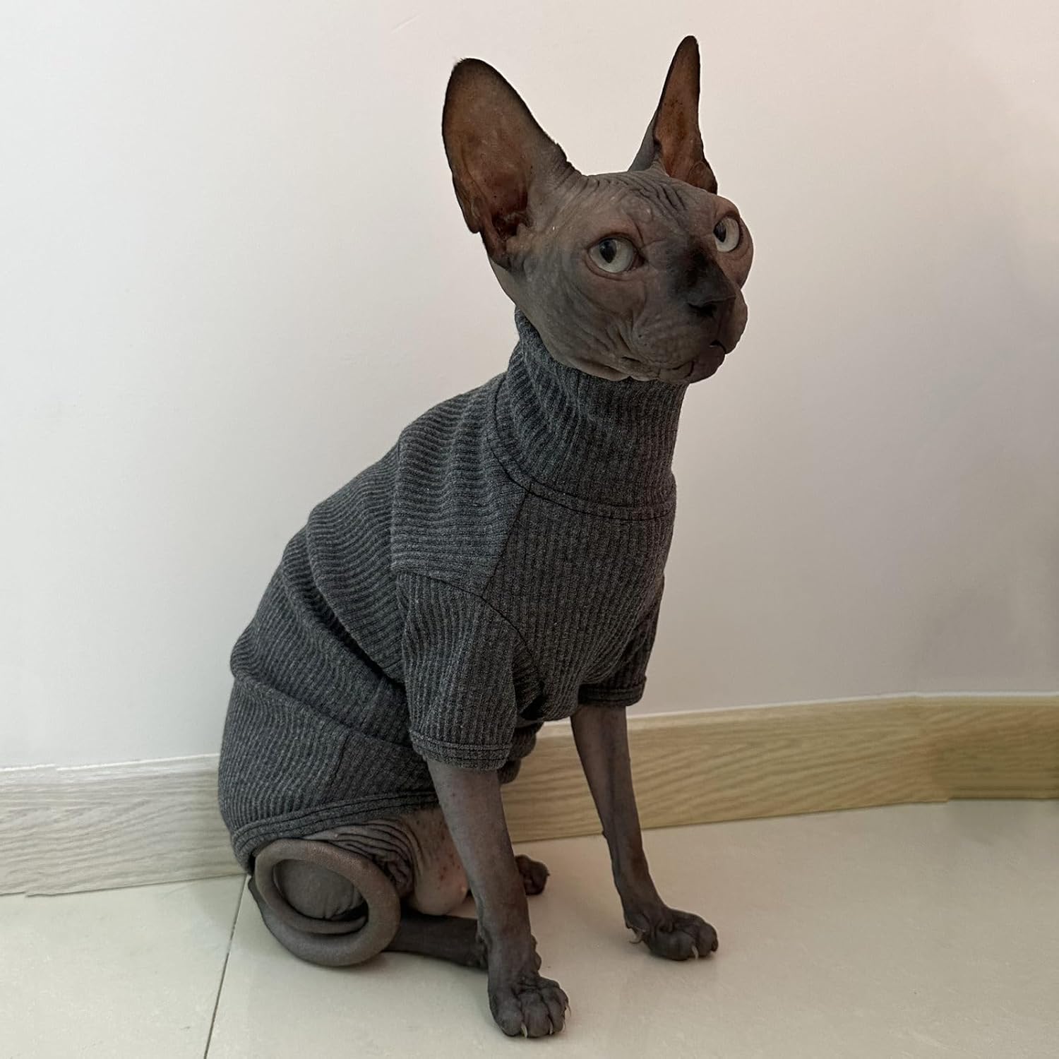 Sphynx Cats Shirt Cat Turtleneck Cotton Sweater Pullover Kitten T-Shirts with Sleeves Cat Pajamas Jumpsuit for Sphynx Cornish Rex, Devon Rex, Peterbald (Medium (Pack of 1), Deep Grey)