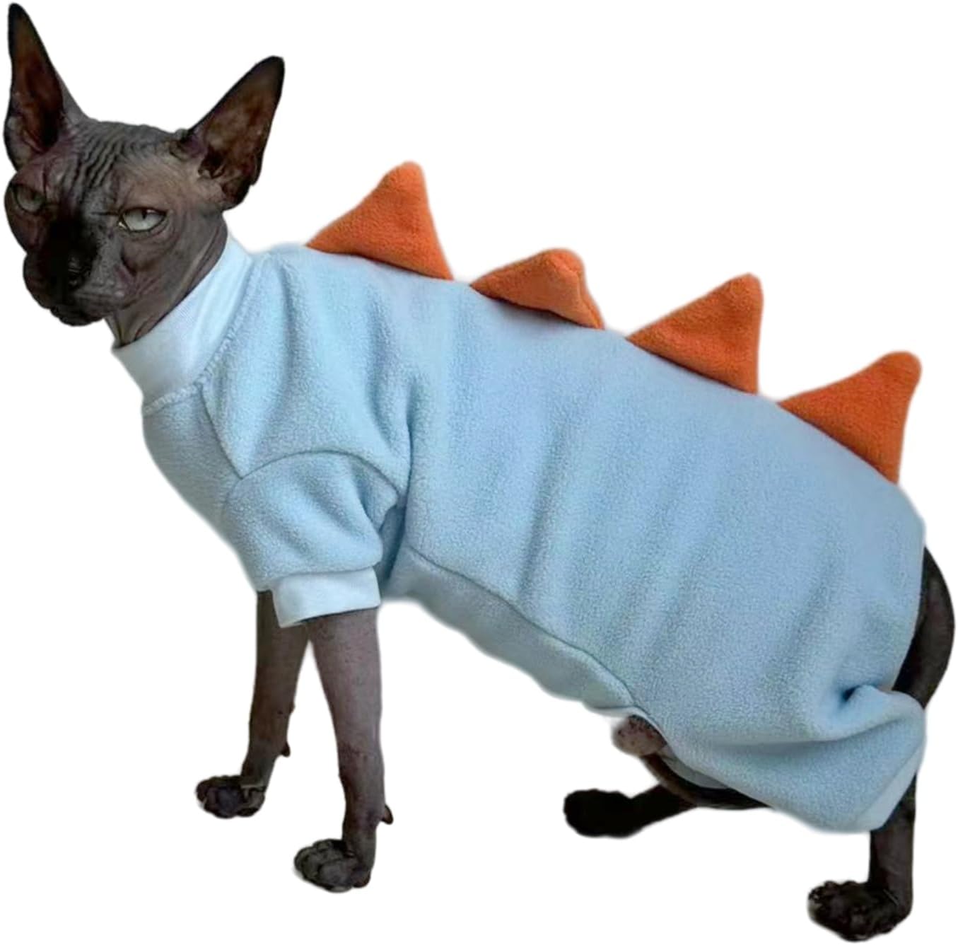 Four Leg Dinosaur Sphynx Cat Clothes Pjamas Hairless Cat Warm Polar Fleece Jumpsuit Elastic Pet Clothes for Sphynx Cat Surgery Recovery Suit Hairless Cat Shirt for Devon, Cornish (SkyBlue, Large)