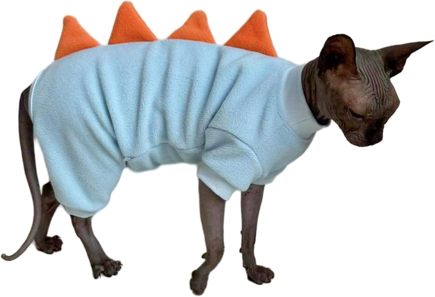 Four Leg Dinosaur Sphynx Cat Clothes Pjamas Hairless Cat Warm Polar Fleece Jumpsuit Elastic Pet Clothes for Sphynx Cat Surgery Recovery Suit Hairless Cat Shirt for Devon, Cornish (SkyBlue, Large)