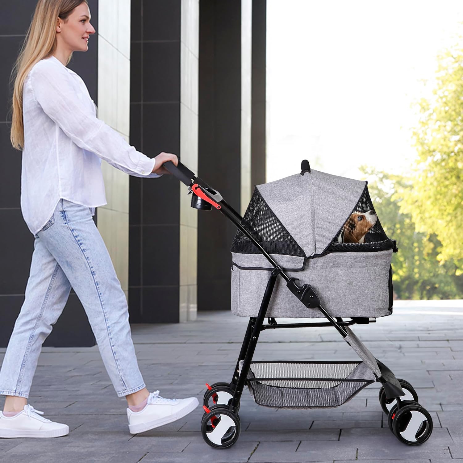 ZENY Pet Stroller, 3 in1 Foldable Dog Cat Jogger Stroller with 4 Wheels, Detachable Basket and Cup Holder, Travel Folding Carrier for Small/Medium Pet