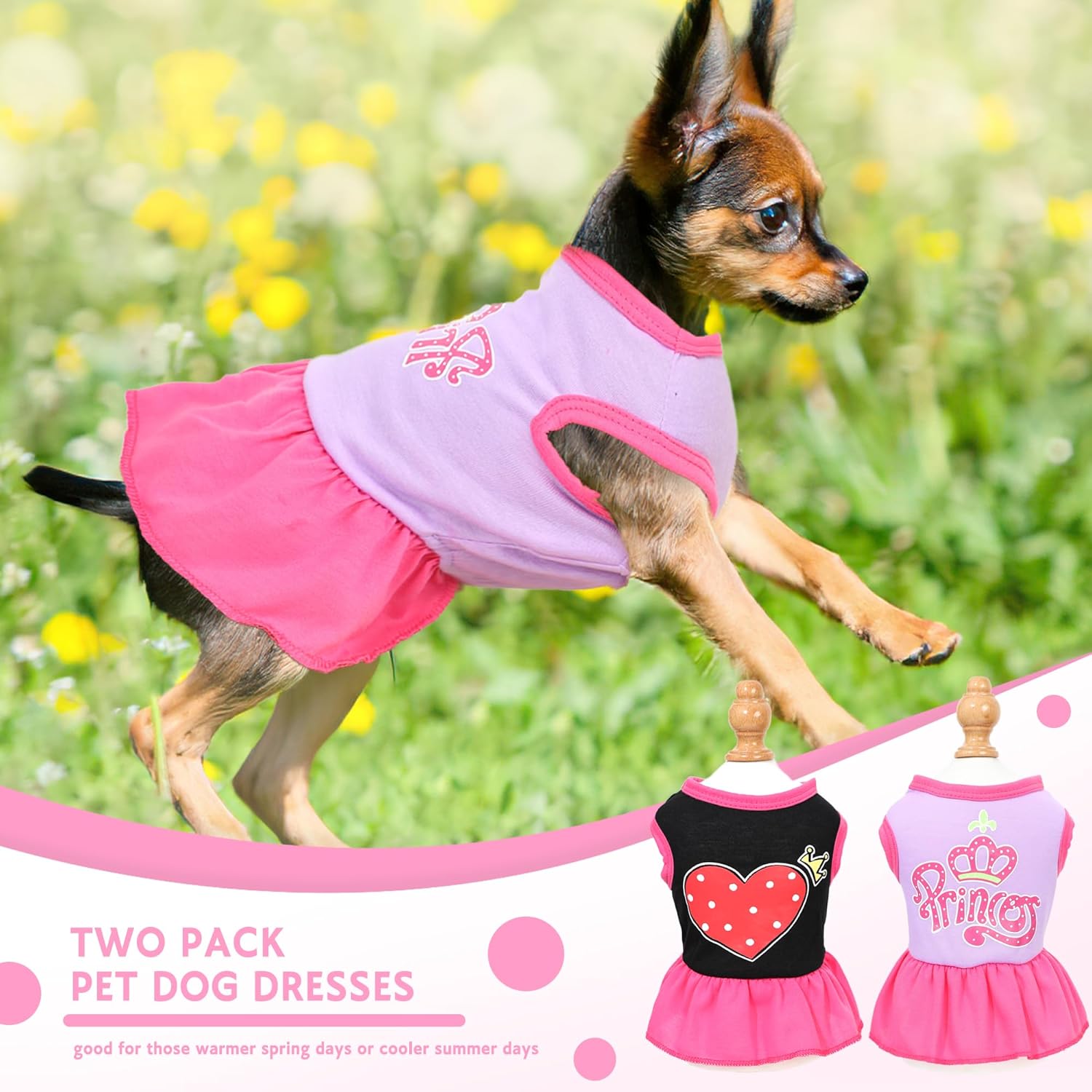 2 Pieces Dog Dress Cute Princess Love Pattern Spring Summer Pet Puppy Clothes for Small Dogs Cats Outfits (Rose,Purple, XXS)