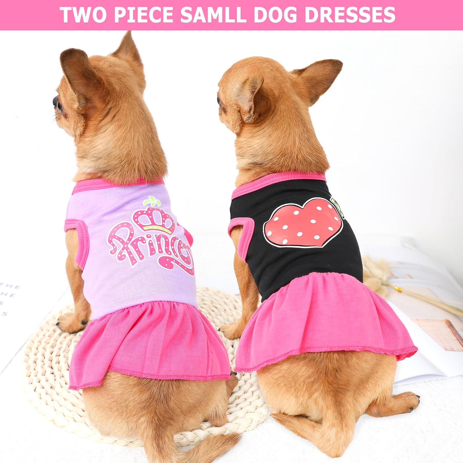 2 Pieces Dog Dress Cute Princess Love Pattern Spring Summer Pet Puppy Clothes for Small Dogs Cats Outfits (Rose,Purple, XXS)