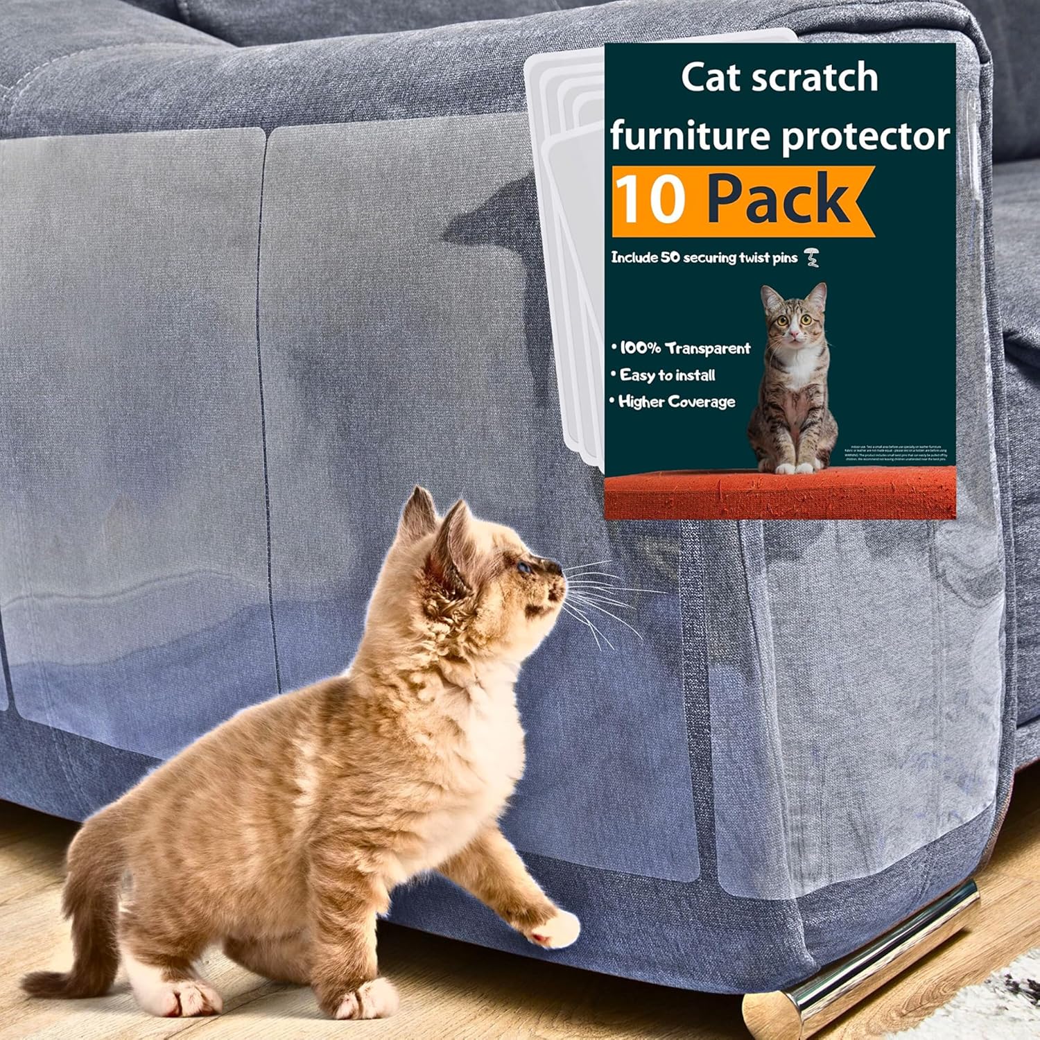Anti Cat Scratch Furniture Protector, 10-Pack Couch Protector from Cat Claws – Heavy-Duty, Easy-to-Apply Scratching Deterrent and Shield for Sofa Corners, Walls, Doors- with 50 Twist Pins
