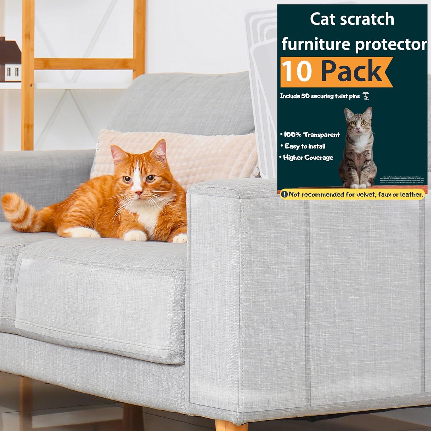 Anti Cat Scratch Furniture Protector, 10-Pack Couch Protector from Cat Claws – Heavy-Duty, Easy-to-Apply Scratching Deterrent and Shield for Sofa Corners, Walls, Doors- with 50 Twist Pins