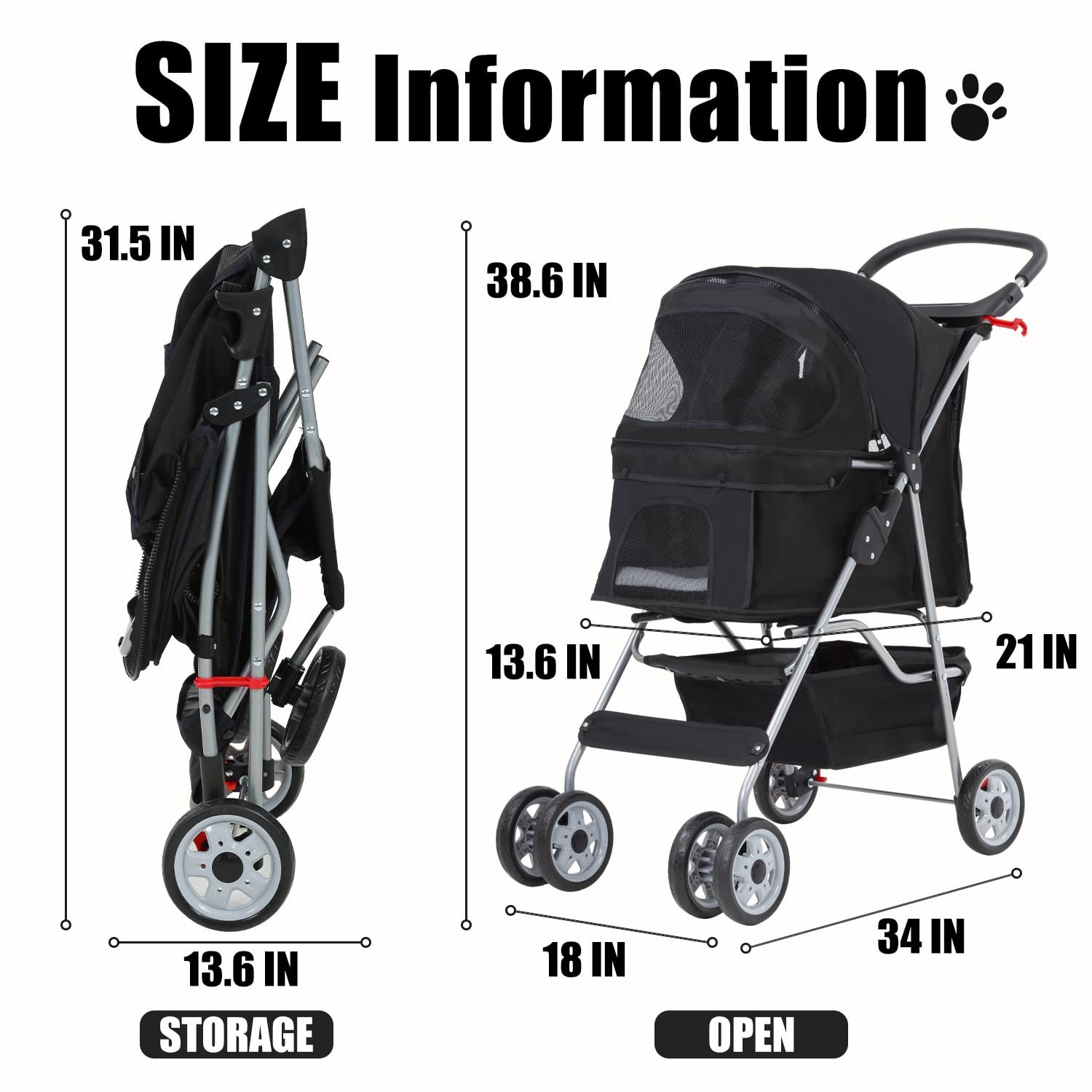 Pet Stroller 4 Wheels Dog Cat Stroller for Small Medium Dogs Cats Foldable Puppy Stroller with Storage Basket and Cup Holder,Black