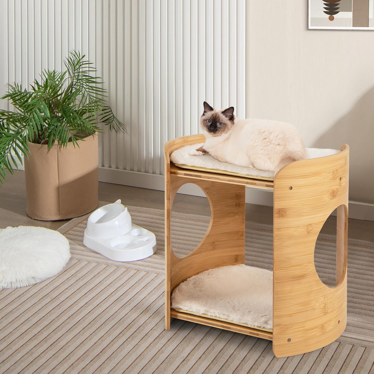Tangkula Elevated Cat Bed for Indoor Cats, 2-Tier Cute Small Cat Tree Tower with Natural Bamboo Frame, Removable & Washable Soft Plush Mats, Cat Holes, Farmhouse Pet Furniture