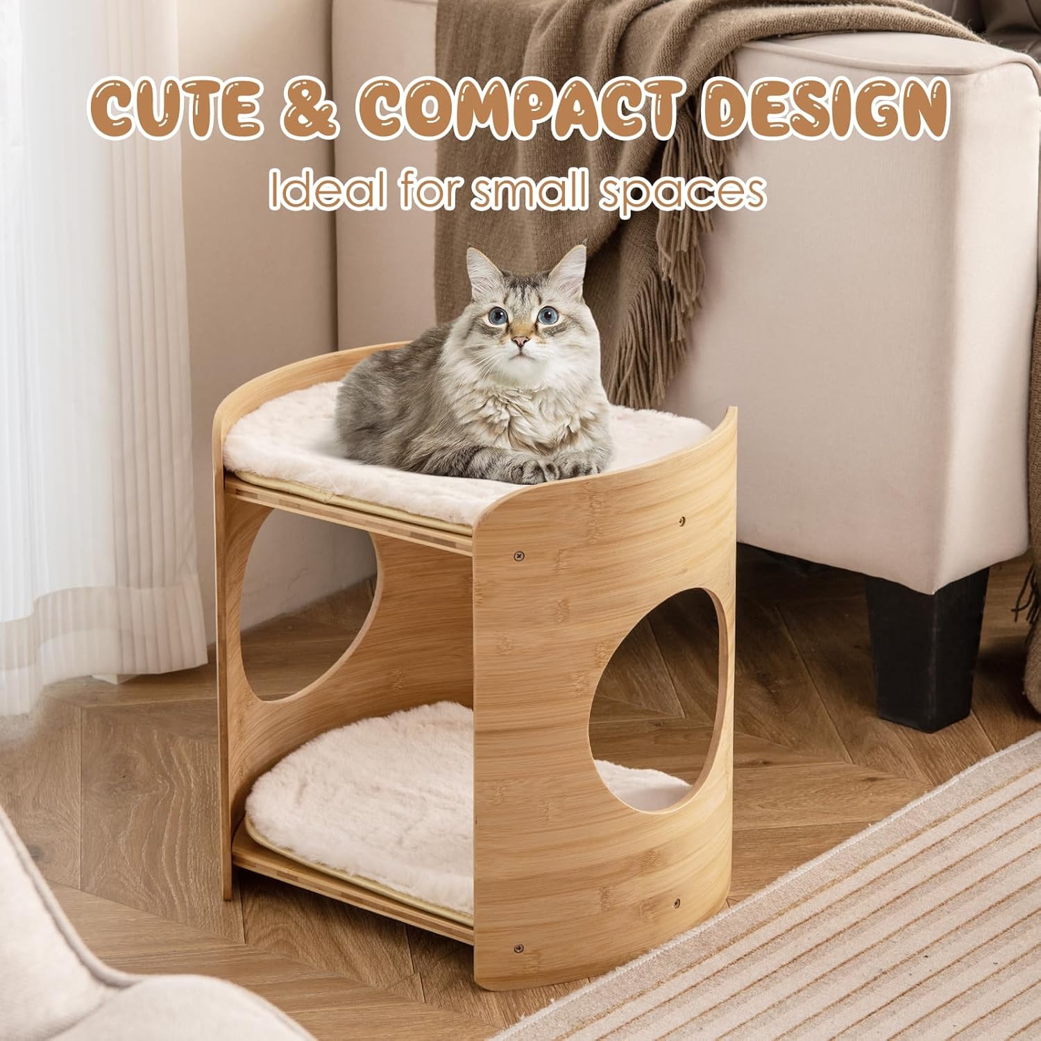 Tangkula Elevated Cat Bed for Indoor Cats, 2-Tier Cute Small Cat Tree Tower with Natural Bamboo Frame, Removable & Washable Soft Plush Mats, Cat Holes, Farmhouse Pet Furniture