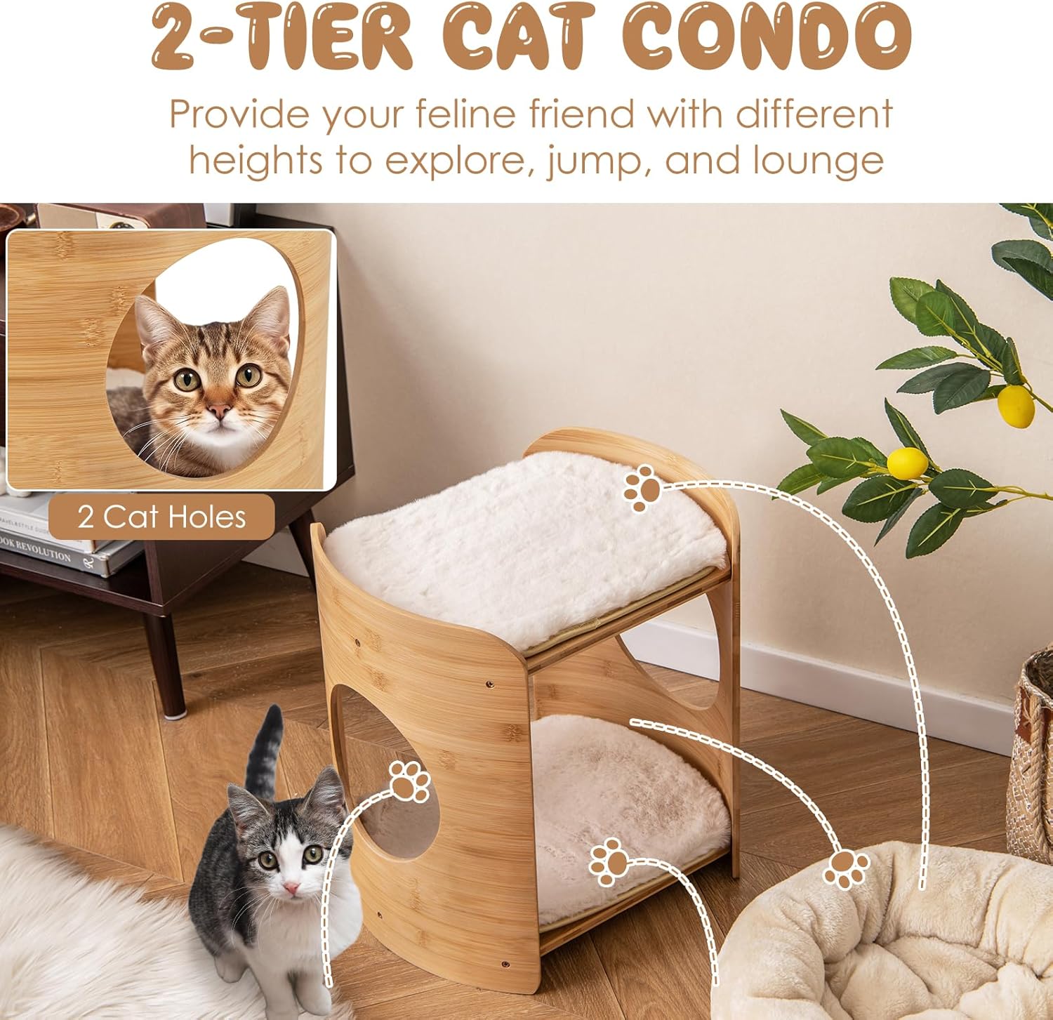Tangkula Elevated Cat Bed for Indoor Cats, 2-Tier Cute Small Cat Tree Tower with Natural Bamboo Frame, Removable & Washable Soft Plush Mats, Cat Holes, Farmhouse Pet Furniture