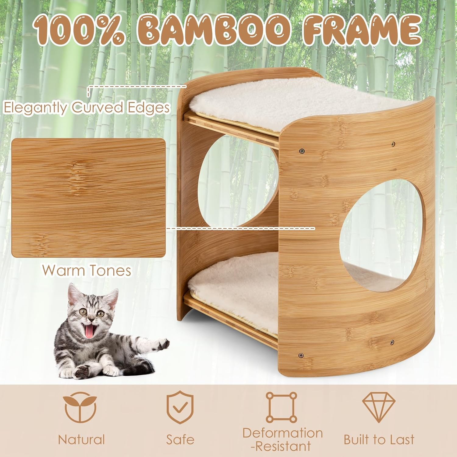 Tangkula Elevated Cat Bed for Indoor Cats, 2-Tier Cute Small Cat Tree Tower with Natural Bamboo Frame, Removable & Washable Soft Plush Mats, Cat Holes, Farmhouse Pet Furniture