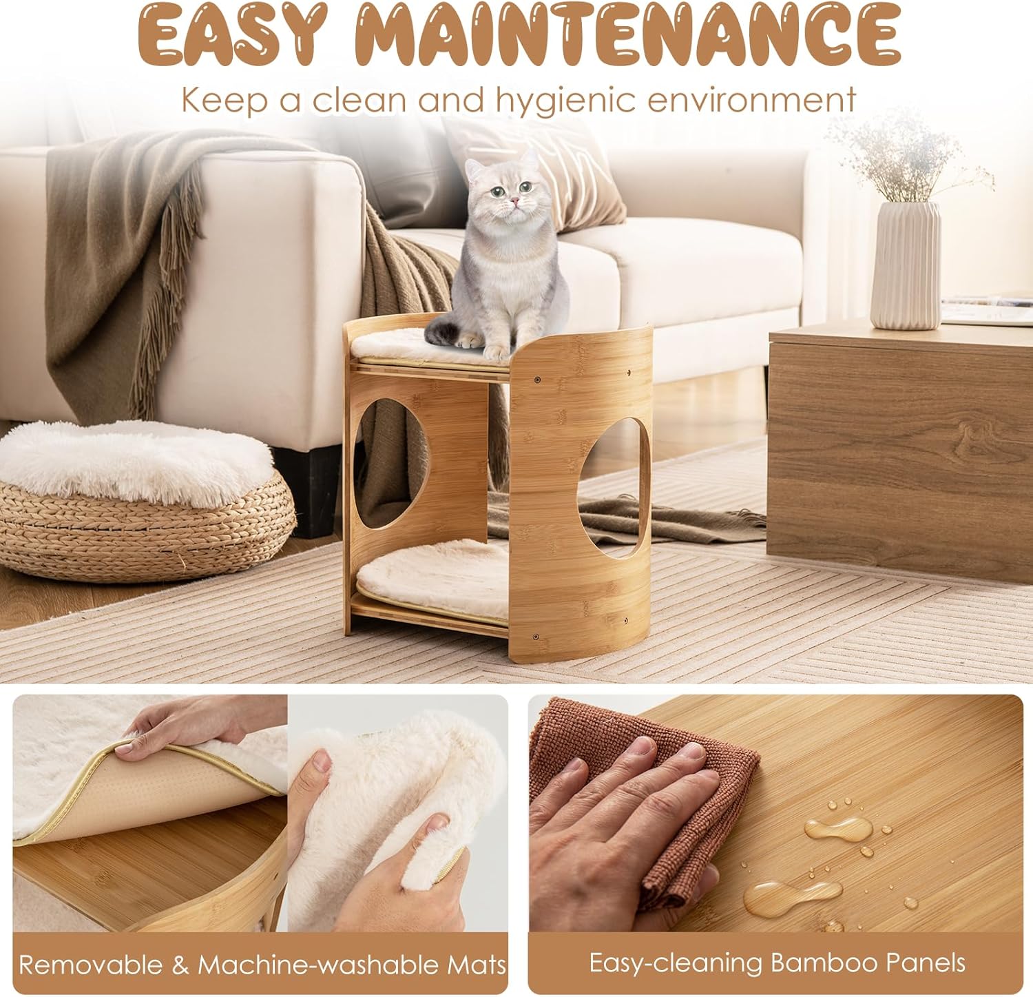 Tangkula Elevated Cat Bed for Indoor Cats, 2-Tier Cute Small Cat Tree Tower with Natural Bamboo Frame, Removable & Washable Soft Plush Mats, Cat Holes, Farmhouse Pet Furniture