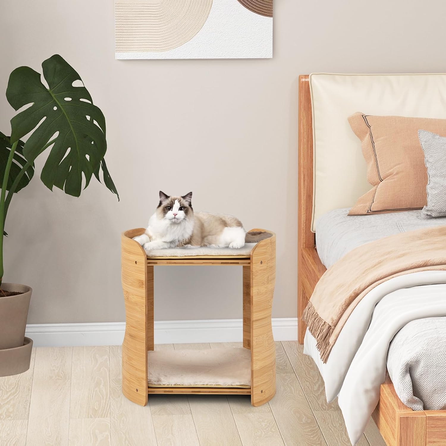 Tangkula Elevated Cat Bed for Indoor Cats, 2-Tier Cute Small Cat Tree Tower with Natural Bamboo Frame, Removable & Washable Soft Plush Mats, Cat Holes, Farmhouse Pet Furniture