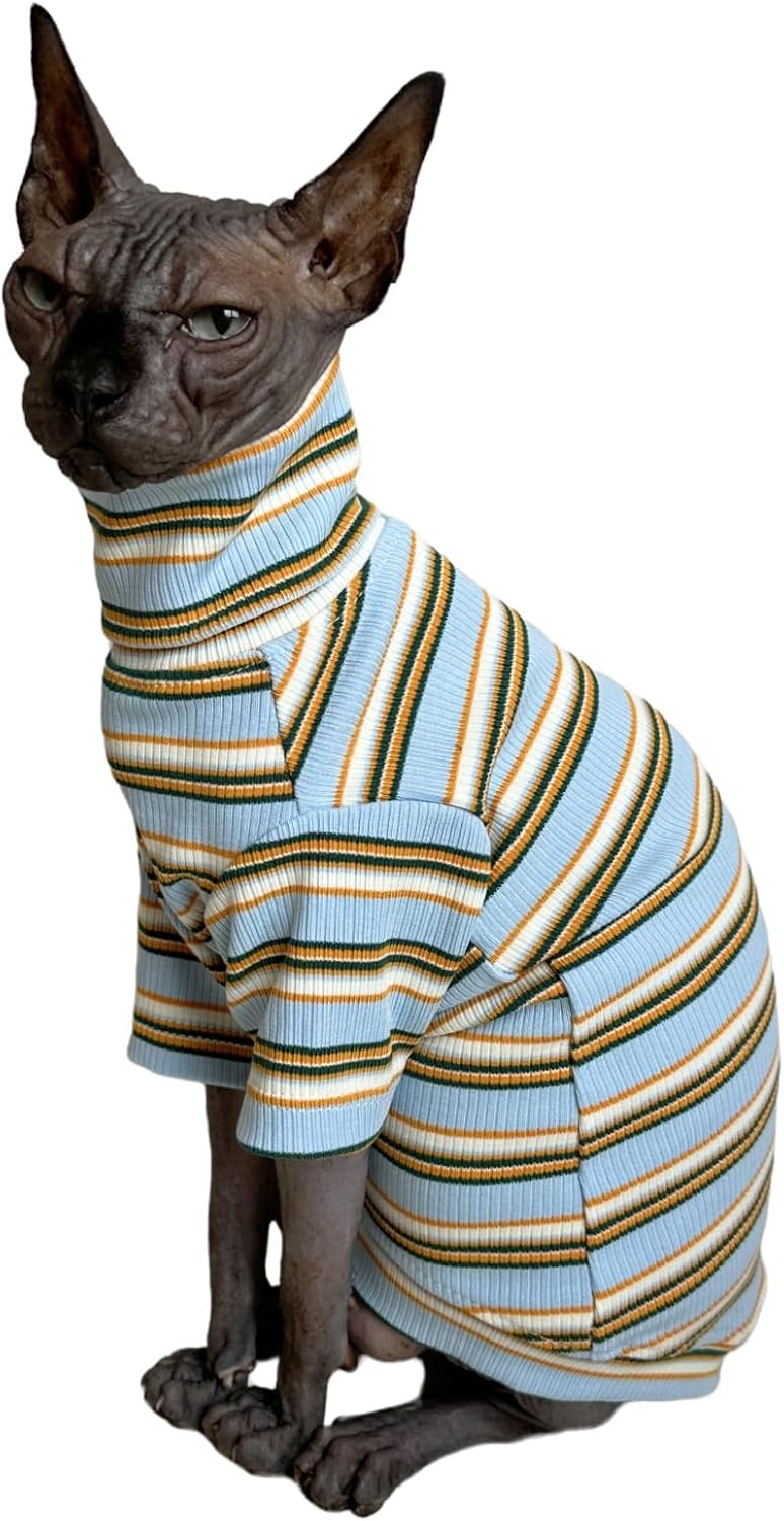 Turtle Neck Vintage Stripes Sphynx Hairless Cat Cotton T-Shirts Pet Clothes Vest Kitten Shirts Sleeveless, Cats & Small Dogs Apparel (Light Blue, Large (Pack of 1))
