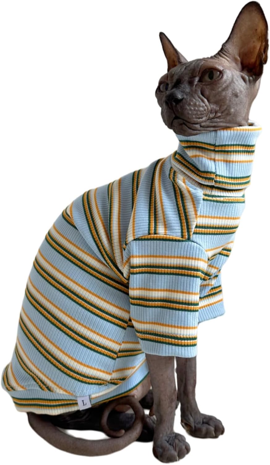 Turtle Neck Vintage Stripes Sphynx Hairless Cat Cotton T-Shirts Pet Clothes Vest Kitten Shirts Sleeveless, Cats & Small Dogs Apparel (Light Blue, Large (Pack of 1))