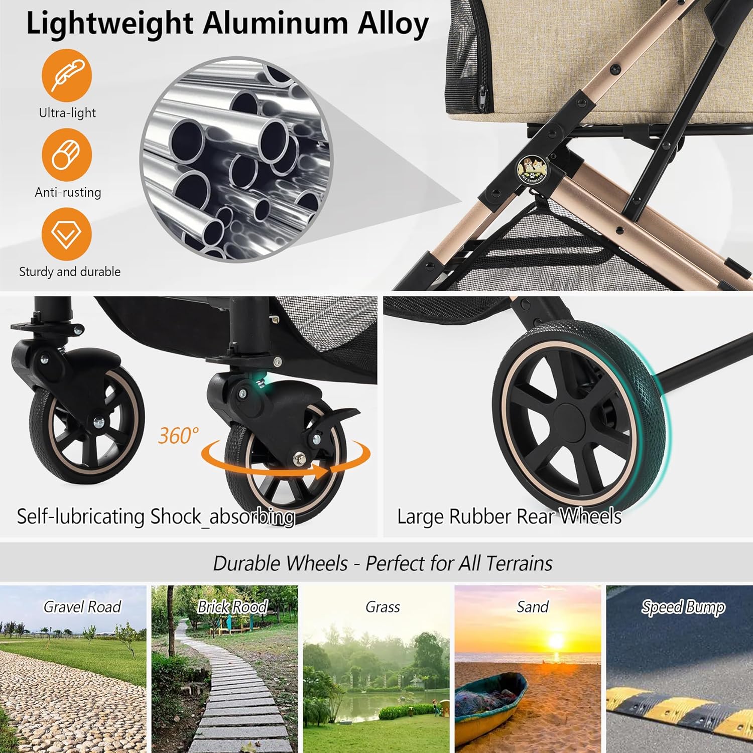Medium Dog Stroller, Kenyone Pet Stroller for Medium Dogs Up to 55lbs, Lightweight Aluminum Frame, One Click Folding, Large Cat Stroller with No Zip Entry, Detachable Mesh, Multiple Pockets