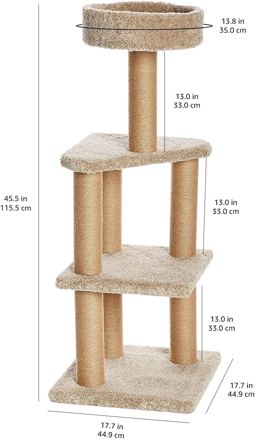 Amazon Basics – Cat Tree Indoor Climbing Activity Tower with Scratching Posts, multi-level, Large, 17.7″ x 45.9″, Beige