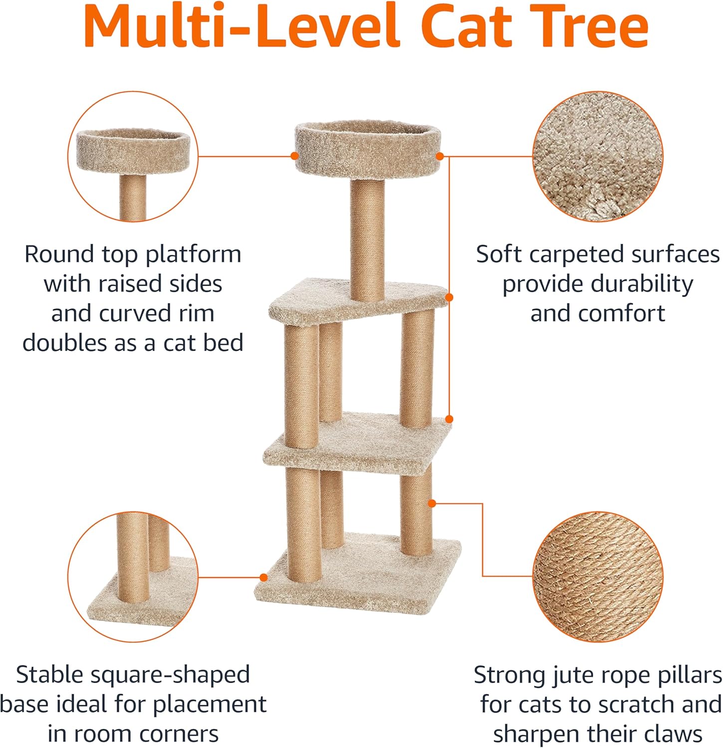 Amazon Basics – Cat Tree Indoor Climbing Activity Tower with Scratching Posts, multi-level, Large, 17.7″ x 45.9″, Beige