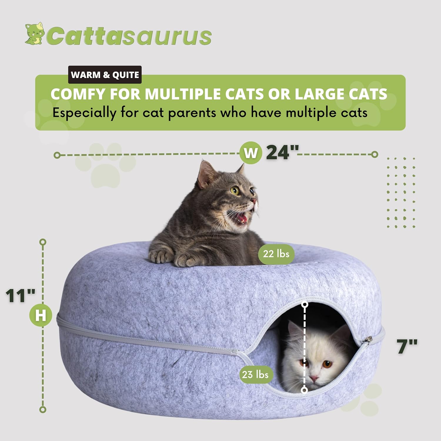 CATTASAURUS Peekaboo Cat Cave for Multiple & Large Cats Up to 30 Lbs, Scratch Detachable & Washable Tunnel Bed, Comfy Donut Cat Cave (Light Gray, Large)