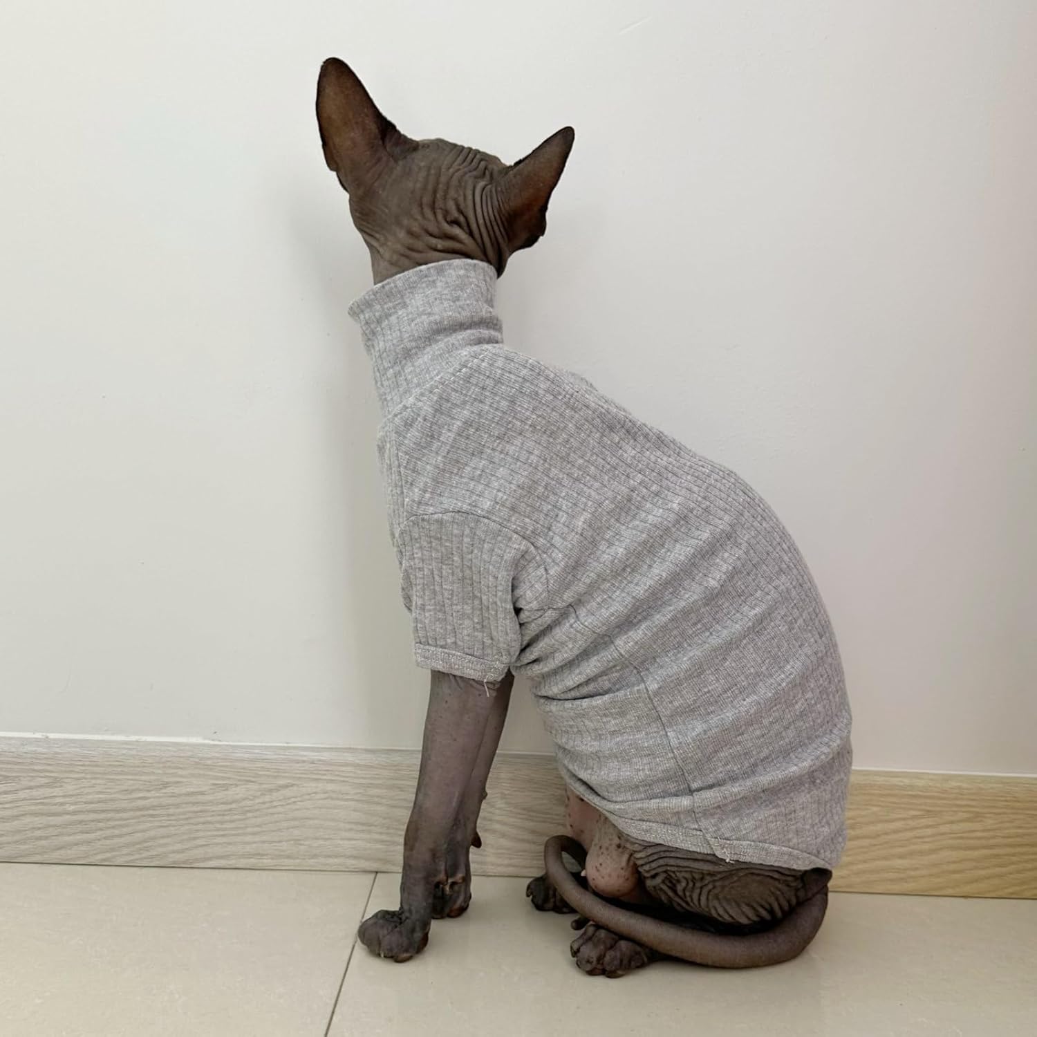 Sphynx Hairless Cats Shirt Cotton Cat Turtleneck Sweater Pullover Kitten T-Shirts with Sleeves Cat Pajamas Jumpsuit for Sphynx Cornish Rex, Devon Rex, Peterbald (Medium (Pack of 1), Light Grey)