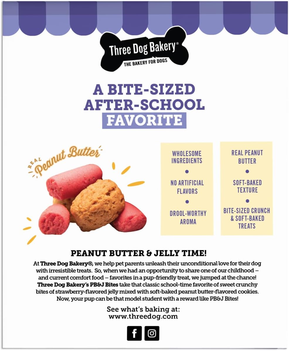 Three Dog Bakery Soft Baked PB&J Bites, Peanut Butter & Strawberry Flavor, Premium Treats for Dogs, 13 Ounce Box, brown (320035)