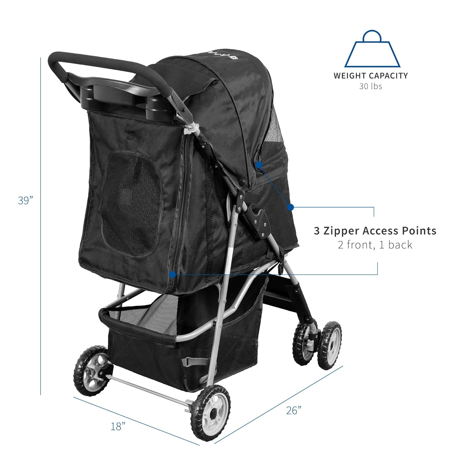 VIVO Black 4 Wheel Pet Stroller for Cat, Dog and More, Foldable Carrier Strolling Cart, STROLR-V001K