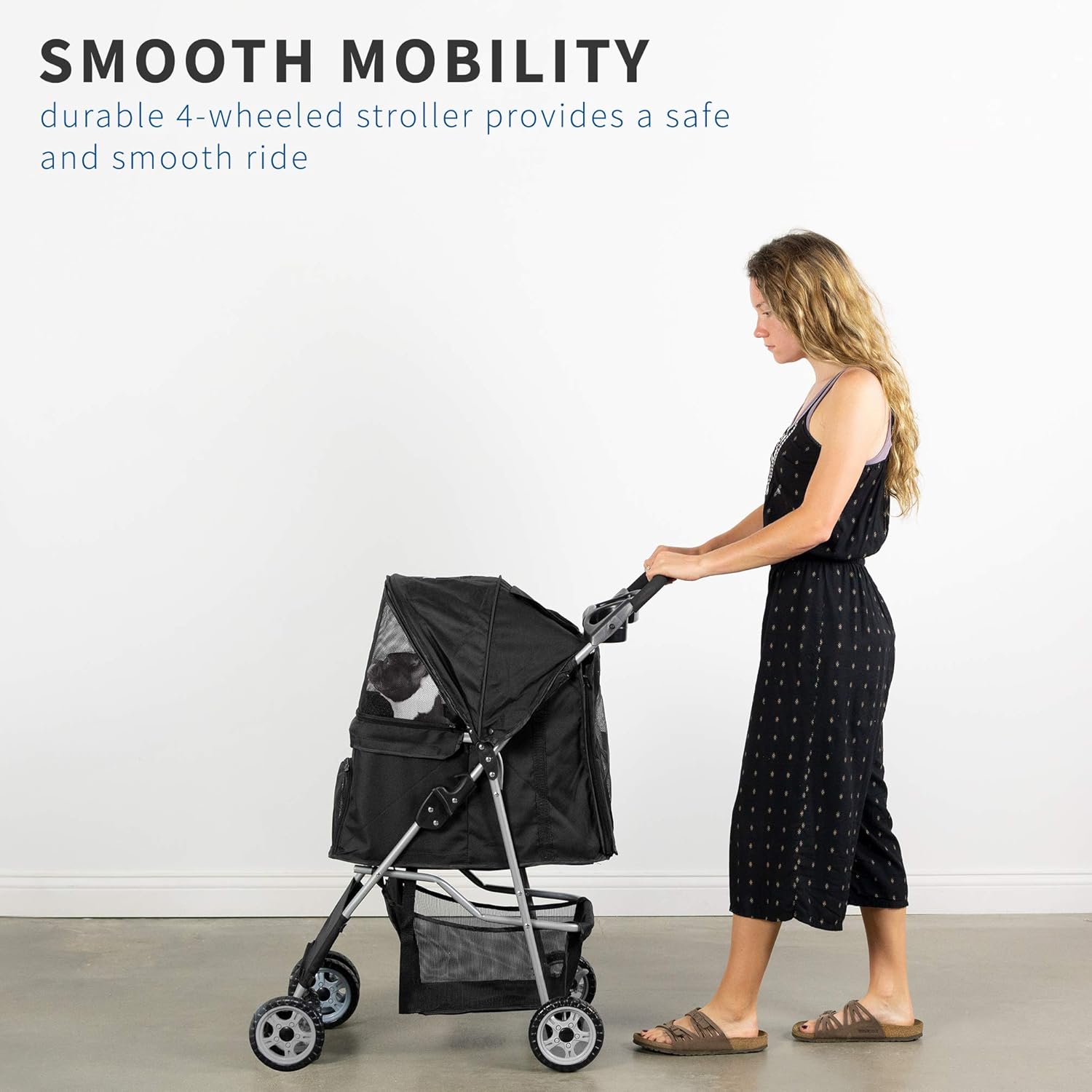 VIVO Black 4 Wheel Pet Stroller for Cat, Dog and More, Foldable Carrier Strolling Cart, STROLR-V001K