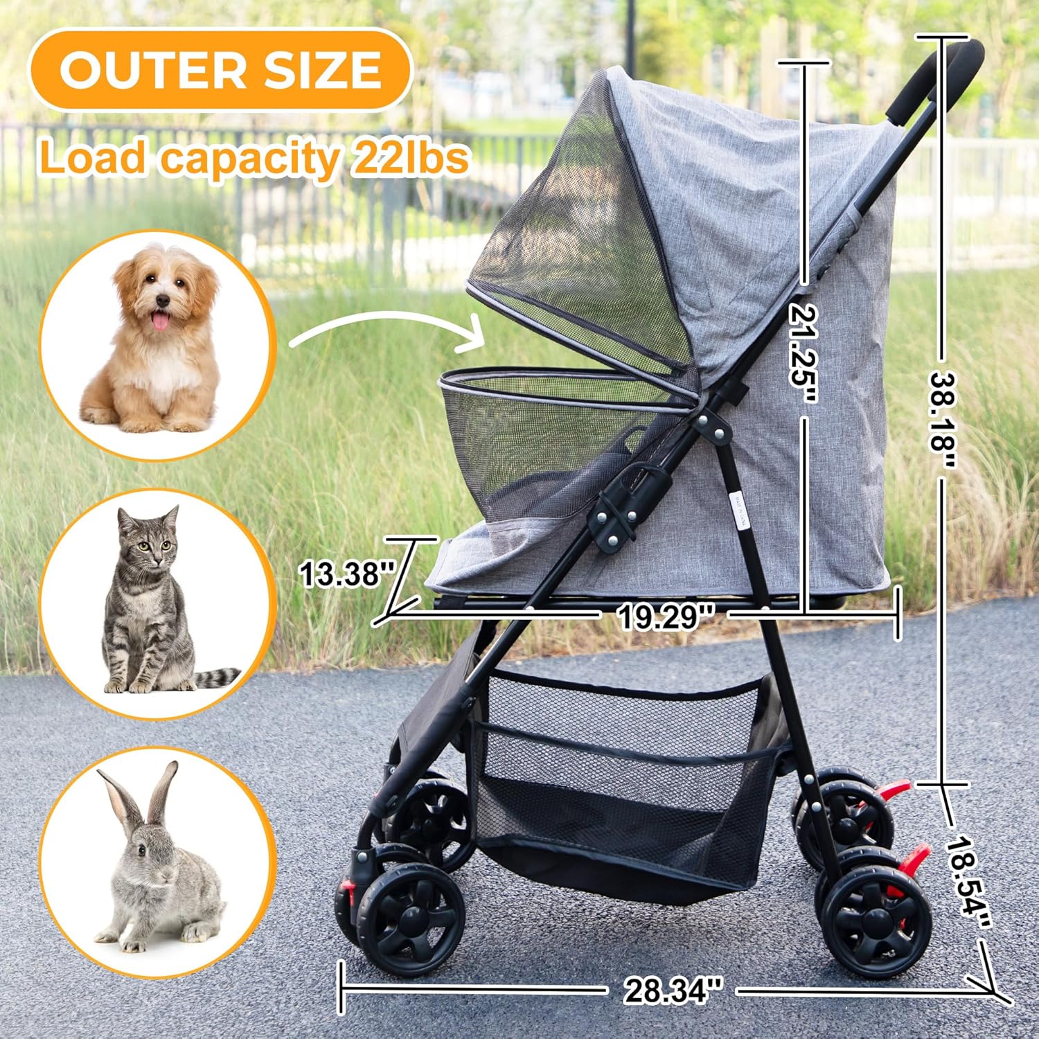 Coziwow 4 Wheels Pet Stroller, Foldable Puppy Stroller with Weather Cover, and Storage Basket for Small Medium Dogs and Cats, Black + Gray