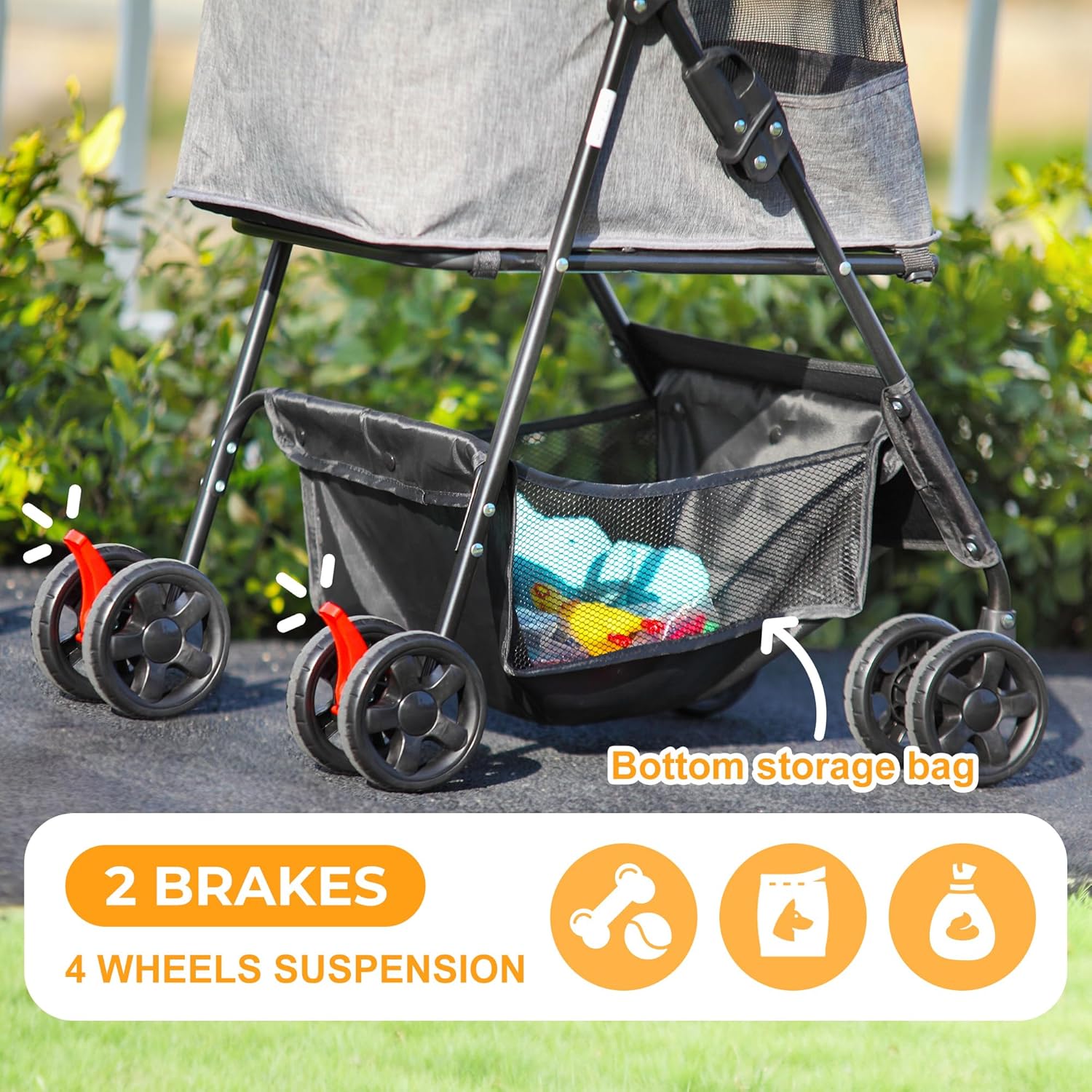 Coziwow 4 Wheels Pet Stroller, Foldable Puppy Stroller with Weather Cover, and Storage Basket for Small Medium Dogs and Cats, Black + Gray
