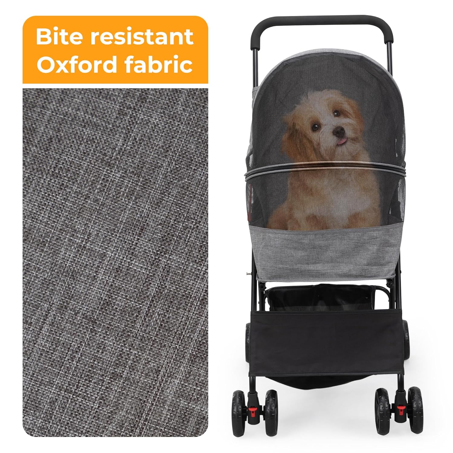 Coziwow 4 Wheels Pet Stroller, Foldable Puppy Stroller with Weather Cover, and Storage Basket for Small Medium Dogs and Cats, Black + Gray