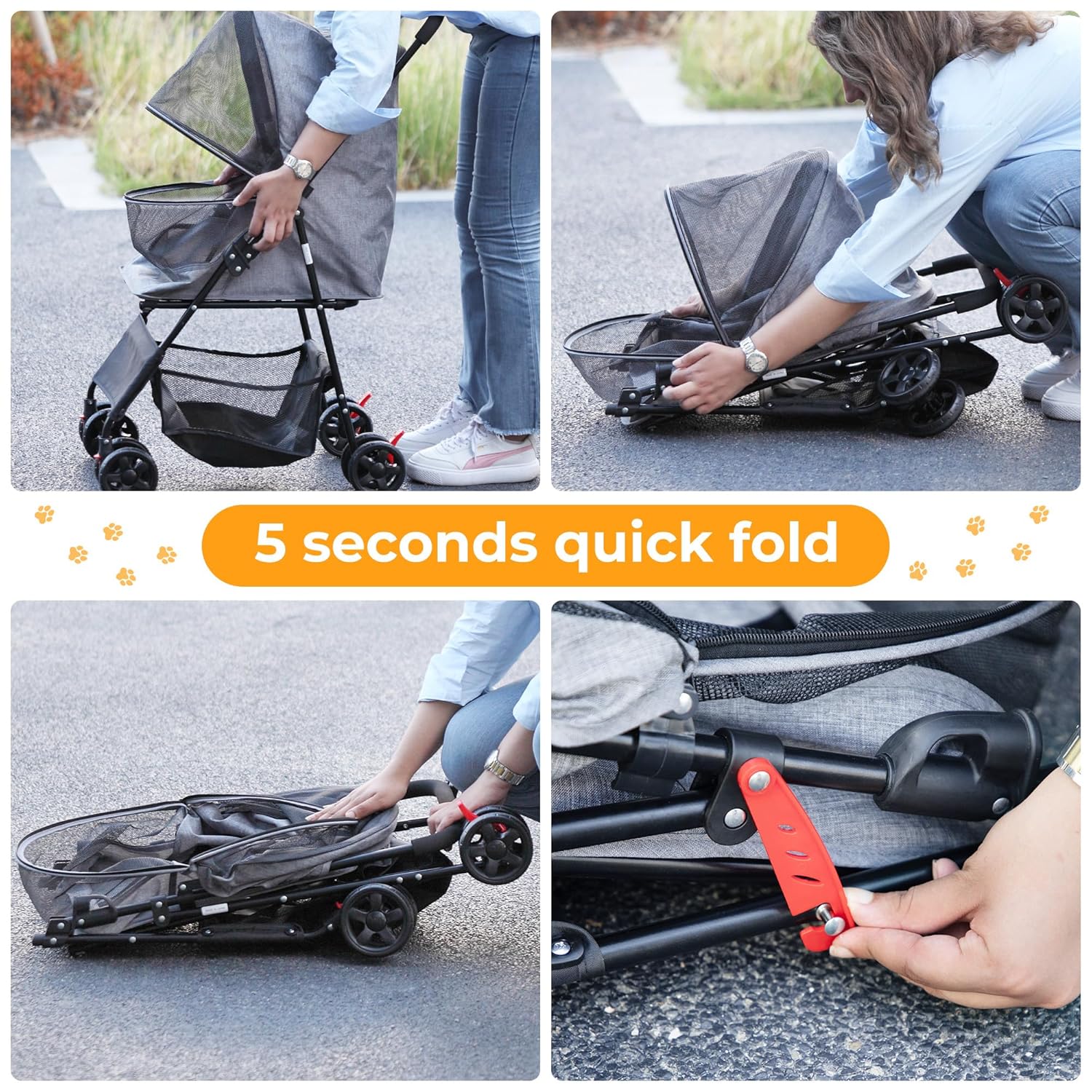 Coziwow 4 Wheels Pet Stroller, Foldable Puppy Stroller with Weather Cover, and Storage Basket for Small Medium Dogs and Cats, Black + Gray