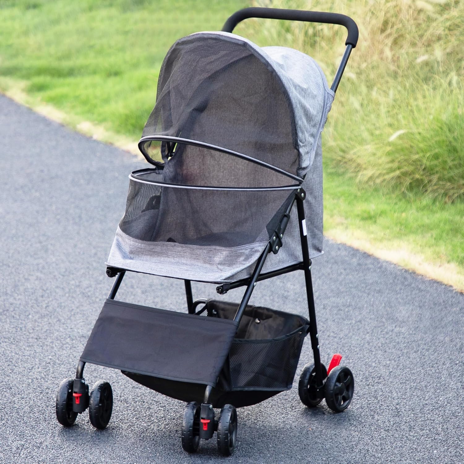 Coziwow 4 Wheels Pet Stroller, Foldable Puppy Stroller with Weather Cover, and Storage Basket for Small Medium Dogs and Cats, Black + Gray
