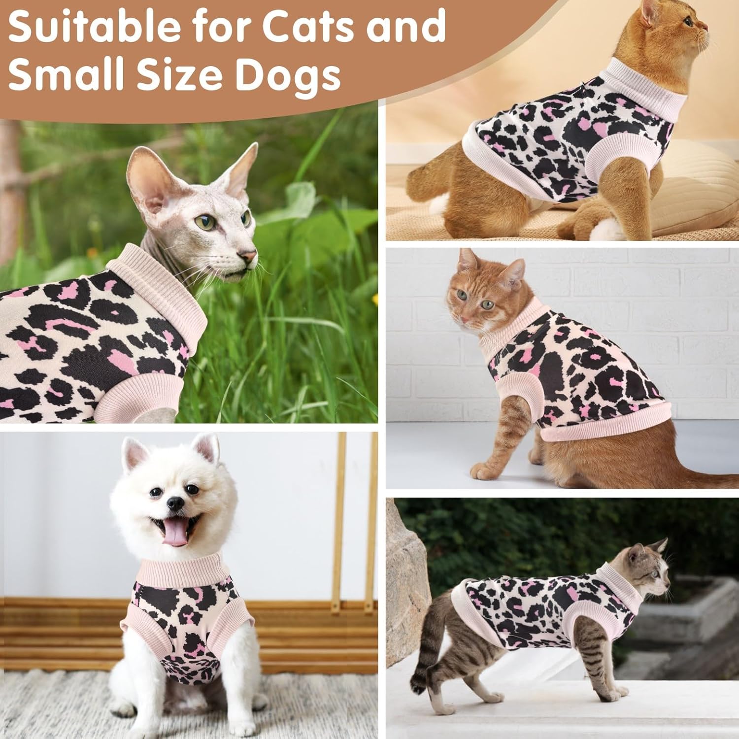 Idepet Cat Clothes – Soft Kitten Shirt & Vest Pullover Pajamas Jumpsuit in Leopard Print – Cotton Apparel for Cat & Puppy (Pink, Large)