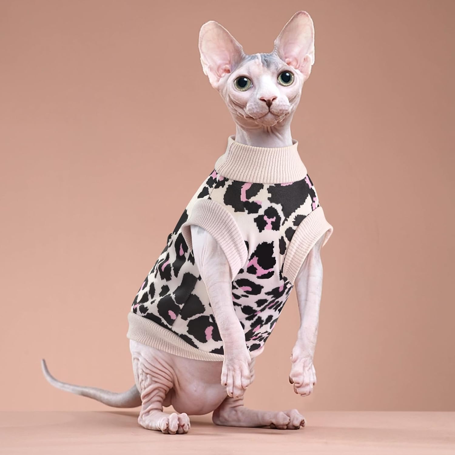 Idepet Cat Clothes – Soft Kitten Shirt & Vest Pullover Pajamas Jumpsuit in Leopard Print – Cotton Apparel for Cat & Puppy (Pink, Large)