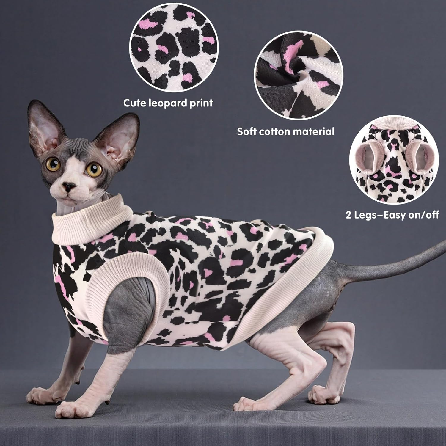 Idepet Cat Clothes – Soft Kitten Shirt & Vest Pullover Pajamas Jumpsuit in Leopard Print – Cotton Apparel for Cat & Puppy (Pink, Large)