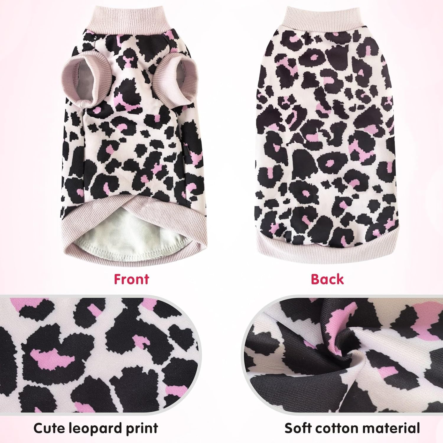 Idepet Cat Clothes – Soft Kitten Shirt & Vest Pullover Pajamas Jumpsuit in Leopard Print – Cotton Apparel for Cat & Puppy (Pink, Large)