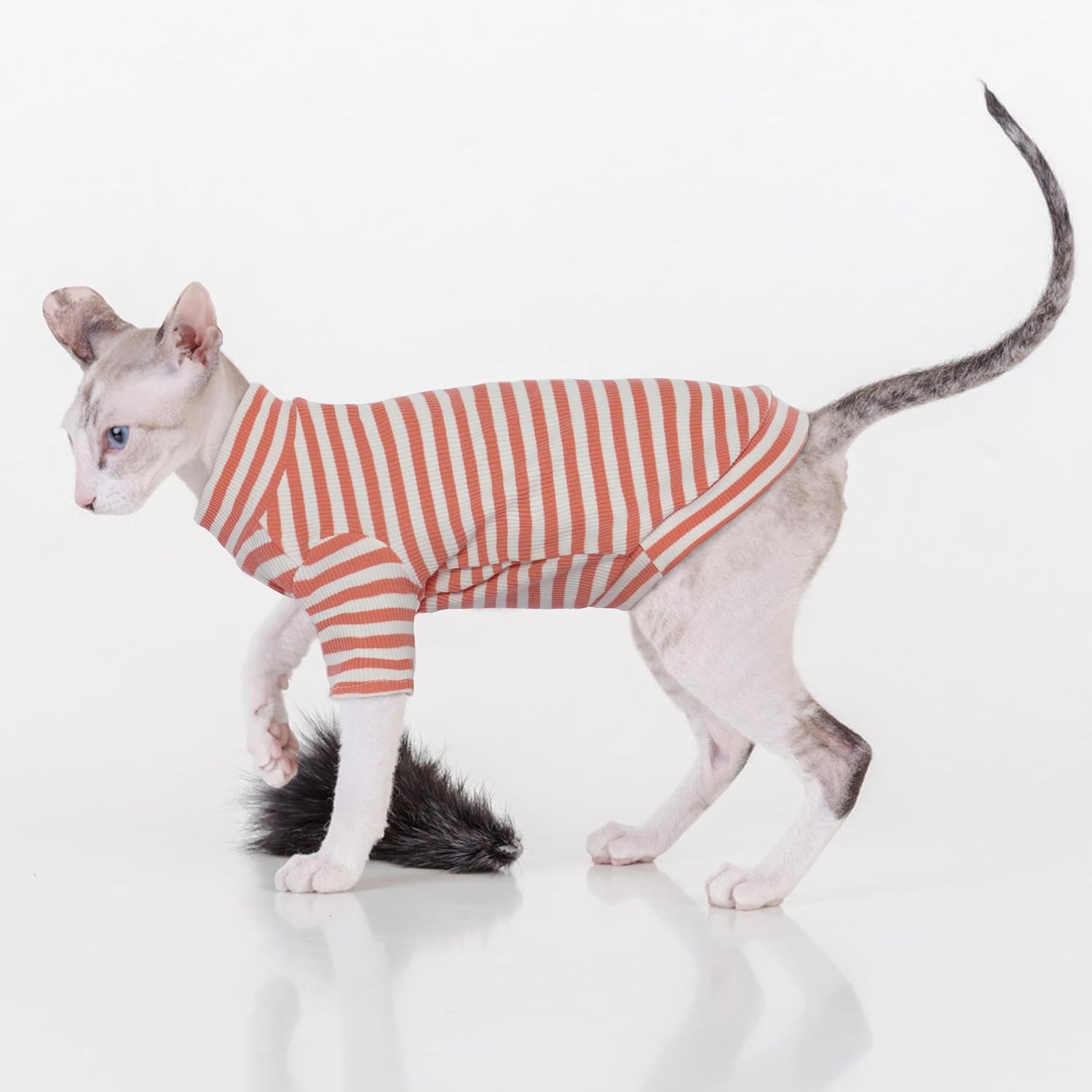 PUMYPOREITY Sphynx Cat Clothes – Soft Hairless Shirt With Sleeves, Stretchy Sweater, Pullover Pajamas Jumpsuit, Turtleneck Outfit for Sphynx Cornish Rex, Devon Rex – Orange, XL