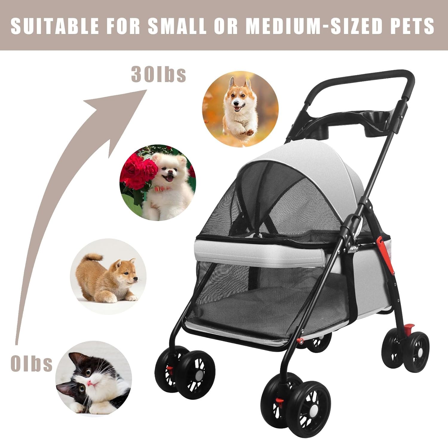 Pet Dog Cat Stroller with Foldable Dog Cat Cage Jogger Stroller with Storage Basket and Cup Holder,4 Wheels for Medium/Small Dogs and Cats, with Cup Holder (Grey)