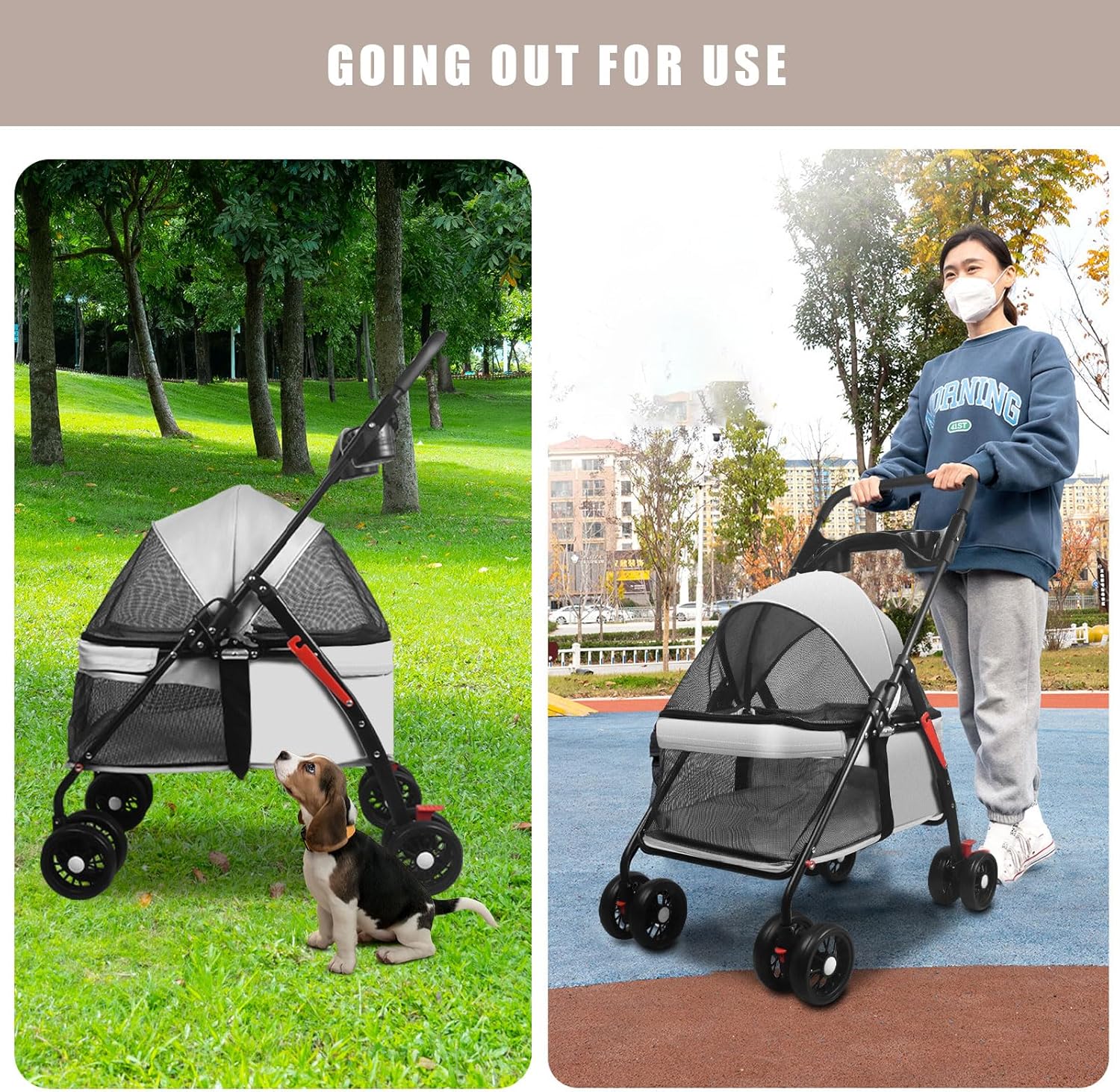 Pet Dog Cat Stroller with Foldable Dog Cat Cage Jogger Stroller with Storage Basket and Cup Holder,4 Wheels for Medium/Small Dogs and Cats, with Cup Holder (Grey)