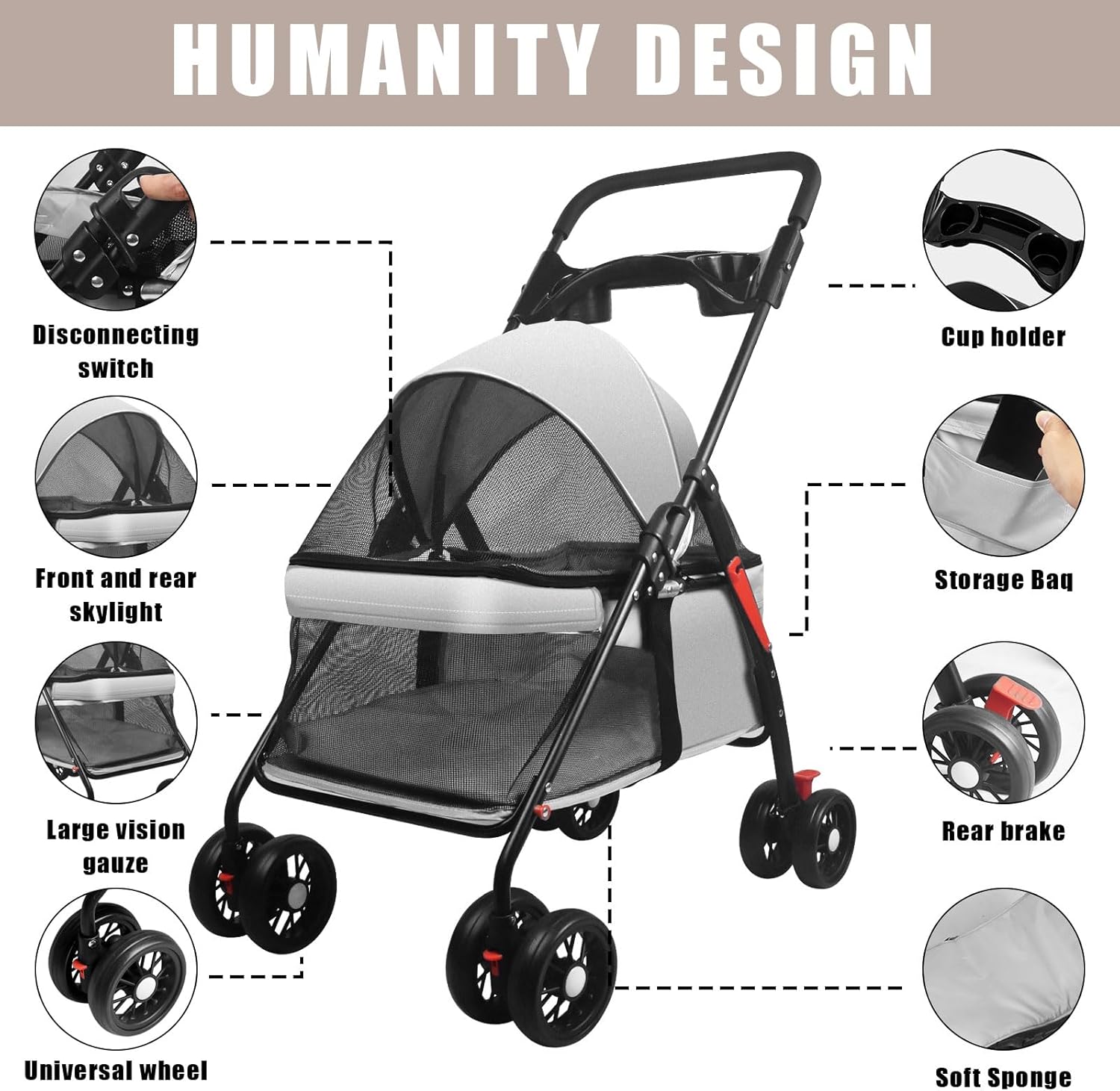 Pet Dog Cat Stroller with Foldable Dog Cat Cage Jogger Stroller with Storage Basket and Cup Holder,4 Wheels for Medium/Small Dogs and Cats, with Cup Holder (Grey)