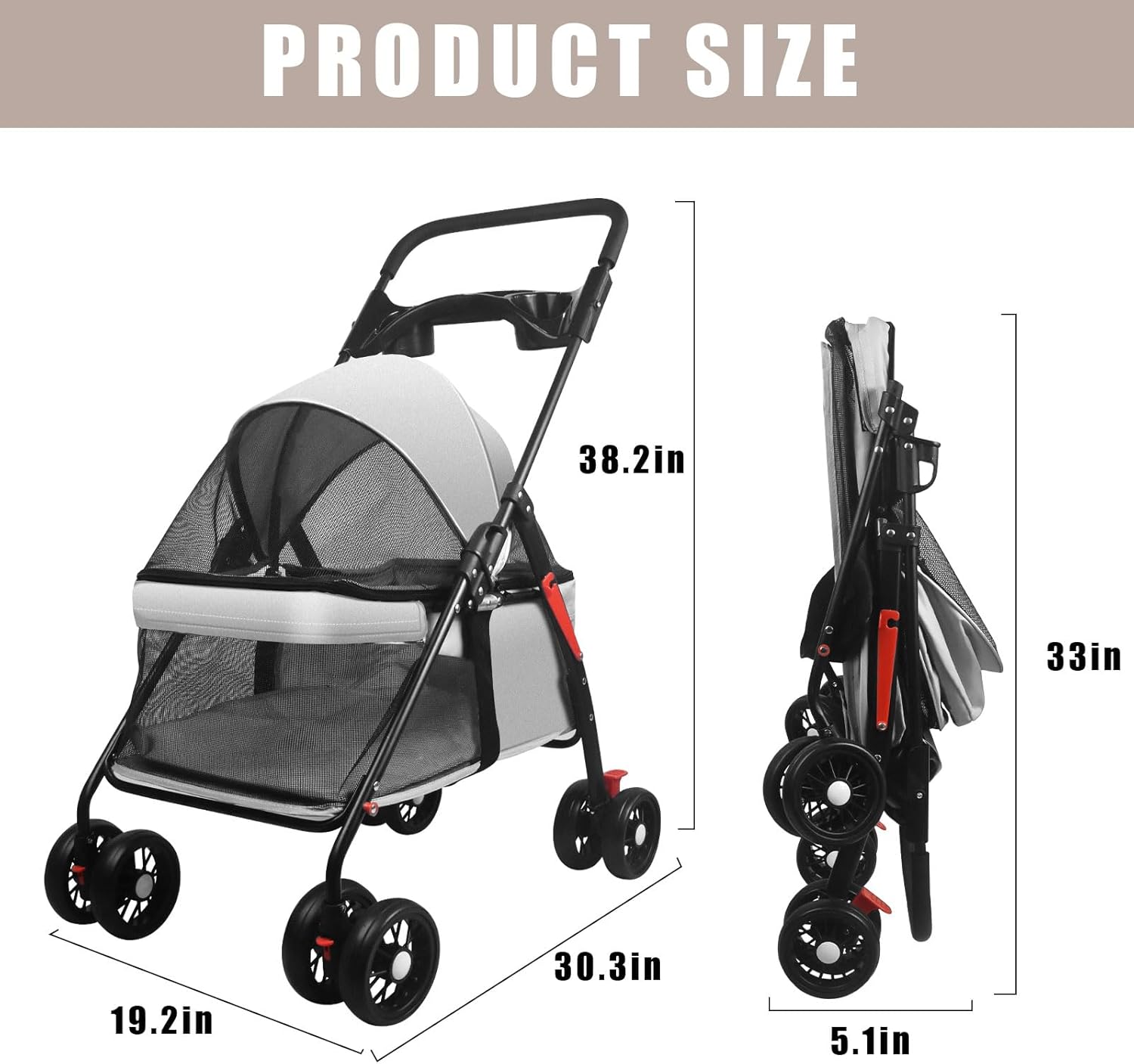 Pet Dog Cat Stroller with Foldable Dog Cat Cage Jogger Stroller with Storage Basket and Cup Holder,4 Wheels for Medium/Small Dogs and Cats, with Cup Holder (Grey)