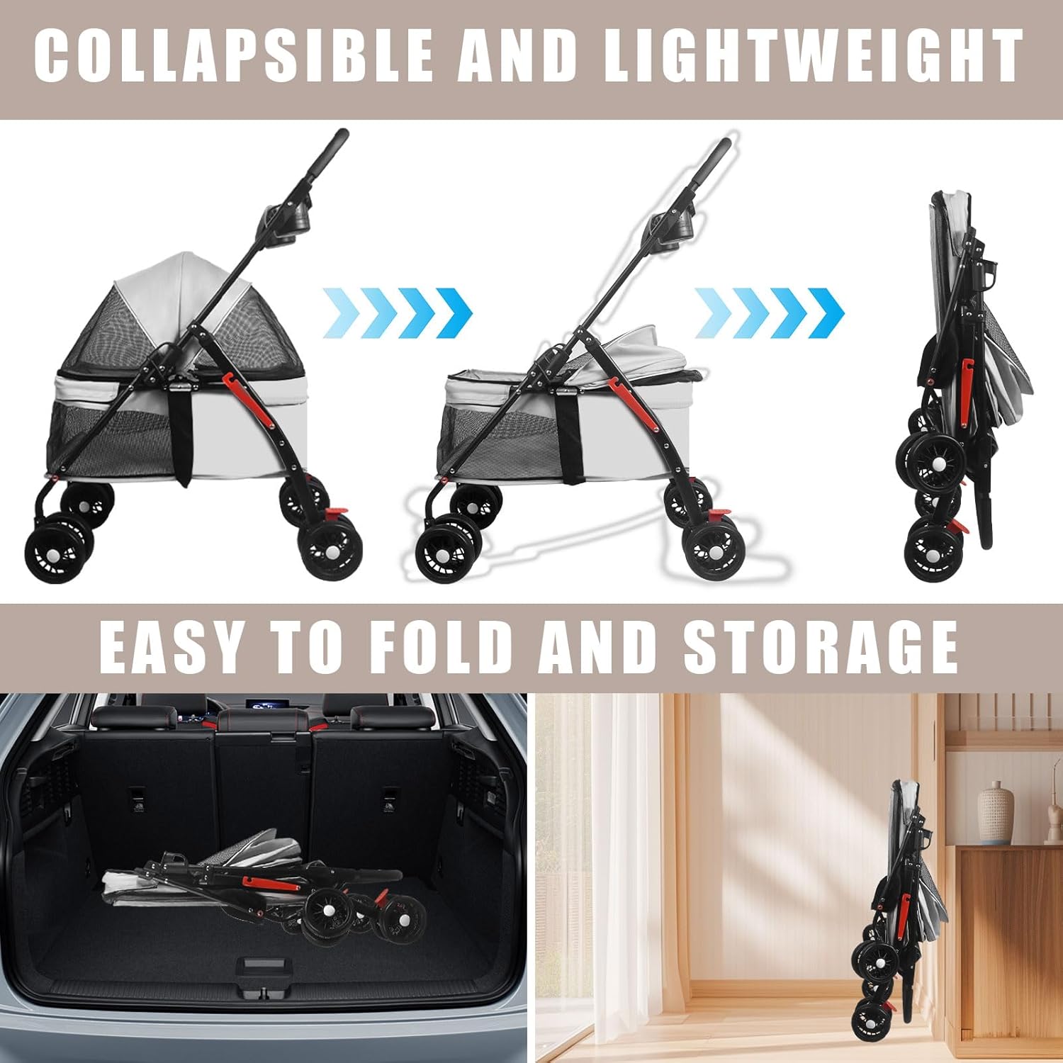 Pet Dog Cat Stroller with Foldable Dog Cat Cage Jogger Stroller with Storage Basket and Cup Holder,4 Wheels for Medium/Small Dogs and Cats, with Cup Holder (Grey)
